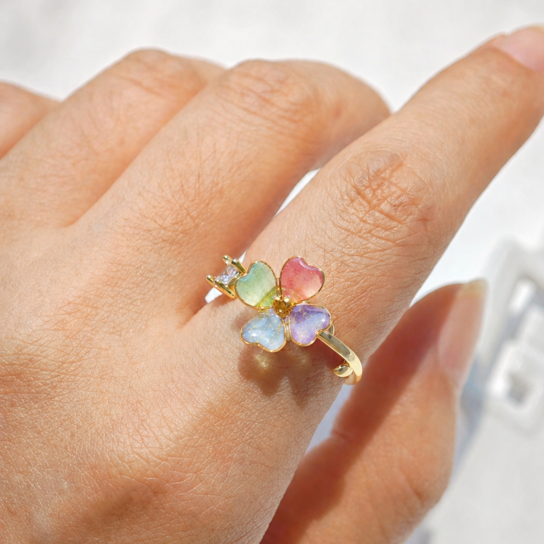 Rainbow Four Leaf Clover Ring