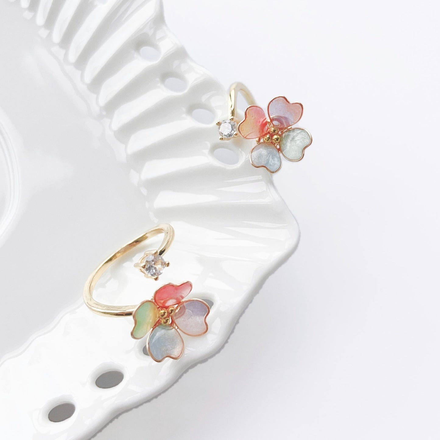 Rainbow Four-Leaf Clover Ring