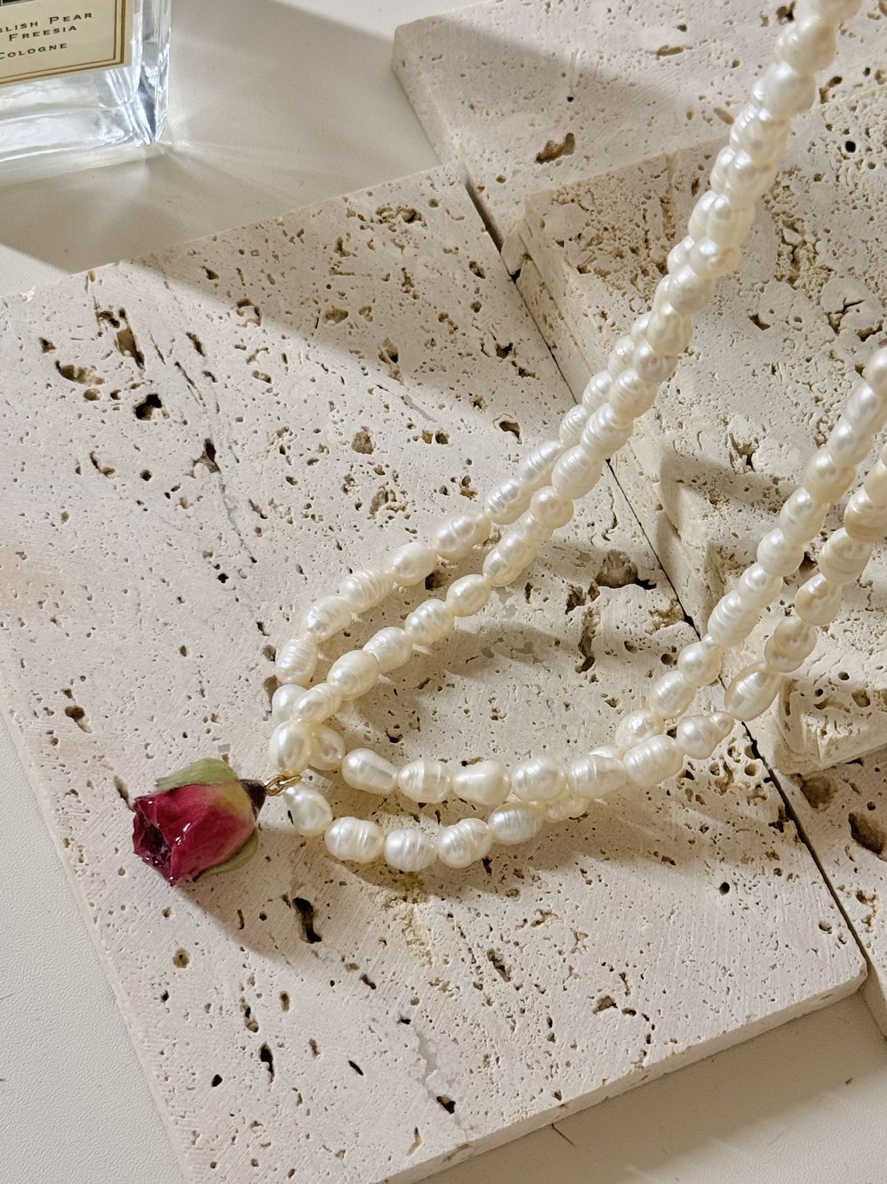 Dual Radiance: Double Layer Freshwater Pearl Necklace with Resin-Dipped Rose Pendant