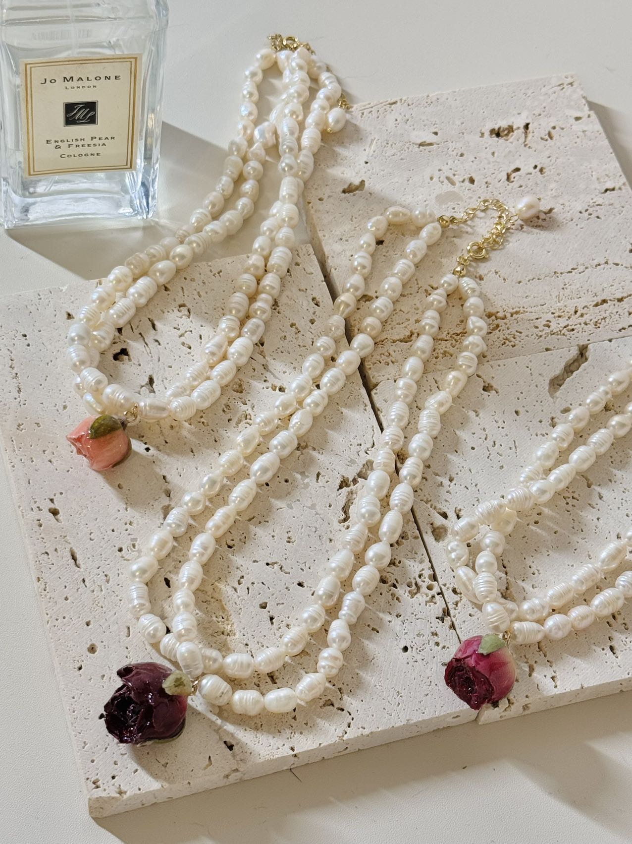 Dual Radiance: Double Layer Freshwater Pearl Necklace with Resin-Dipped Rose Pendant