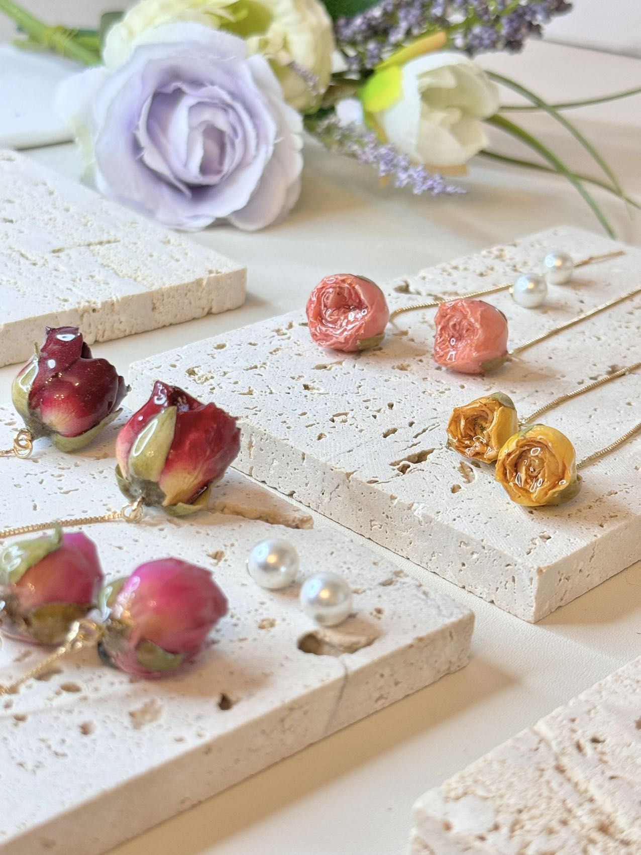 Roses in Motion: Unique Dangling Earrings with Imitation Pearl Backings