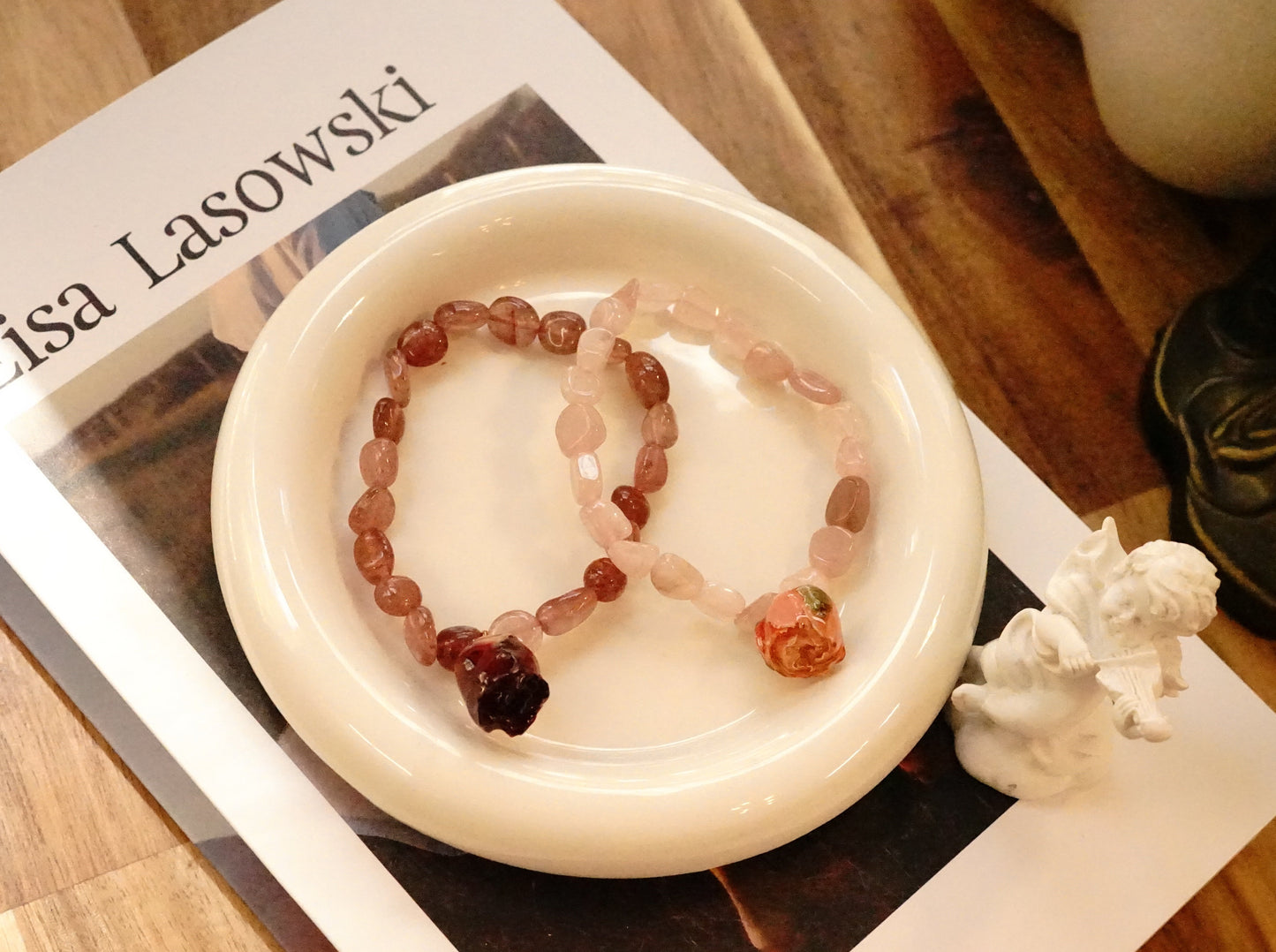 Rose Garden Radiance: Crystal Rose Quartz Strawberry Quartz Bracelet with Roses