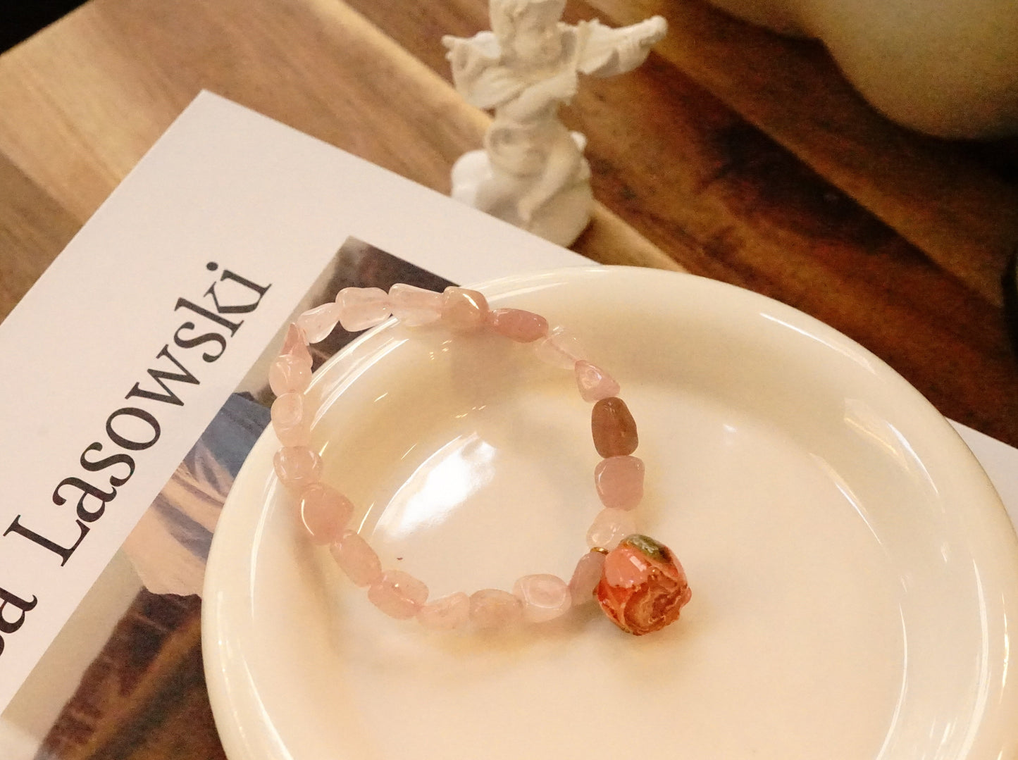 Rose Garden Radiance: Crystal Rose Quartz Strawberry Quartz Bracelet with Roses