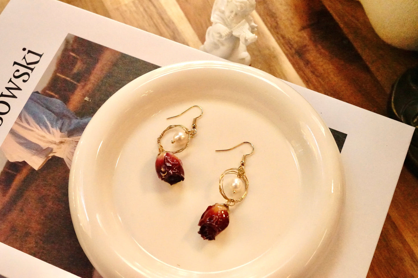 Timeless Elegance: Single Freshwater Pearl Rose Dangle Earrings