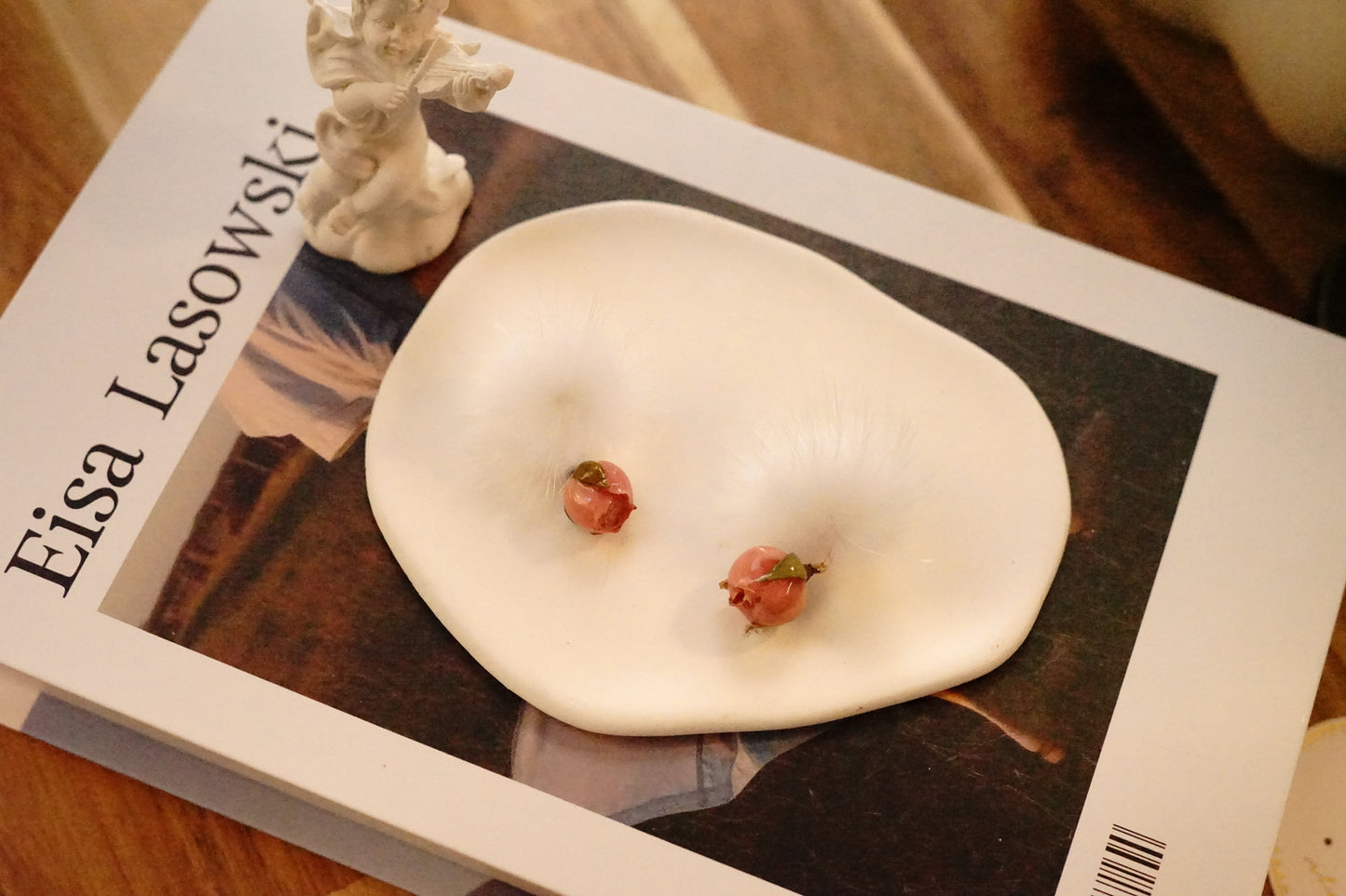 Rose Petal Puffs: Imitation Mink White Hairball Earrings with Dried Rose Accent