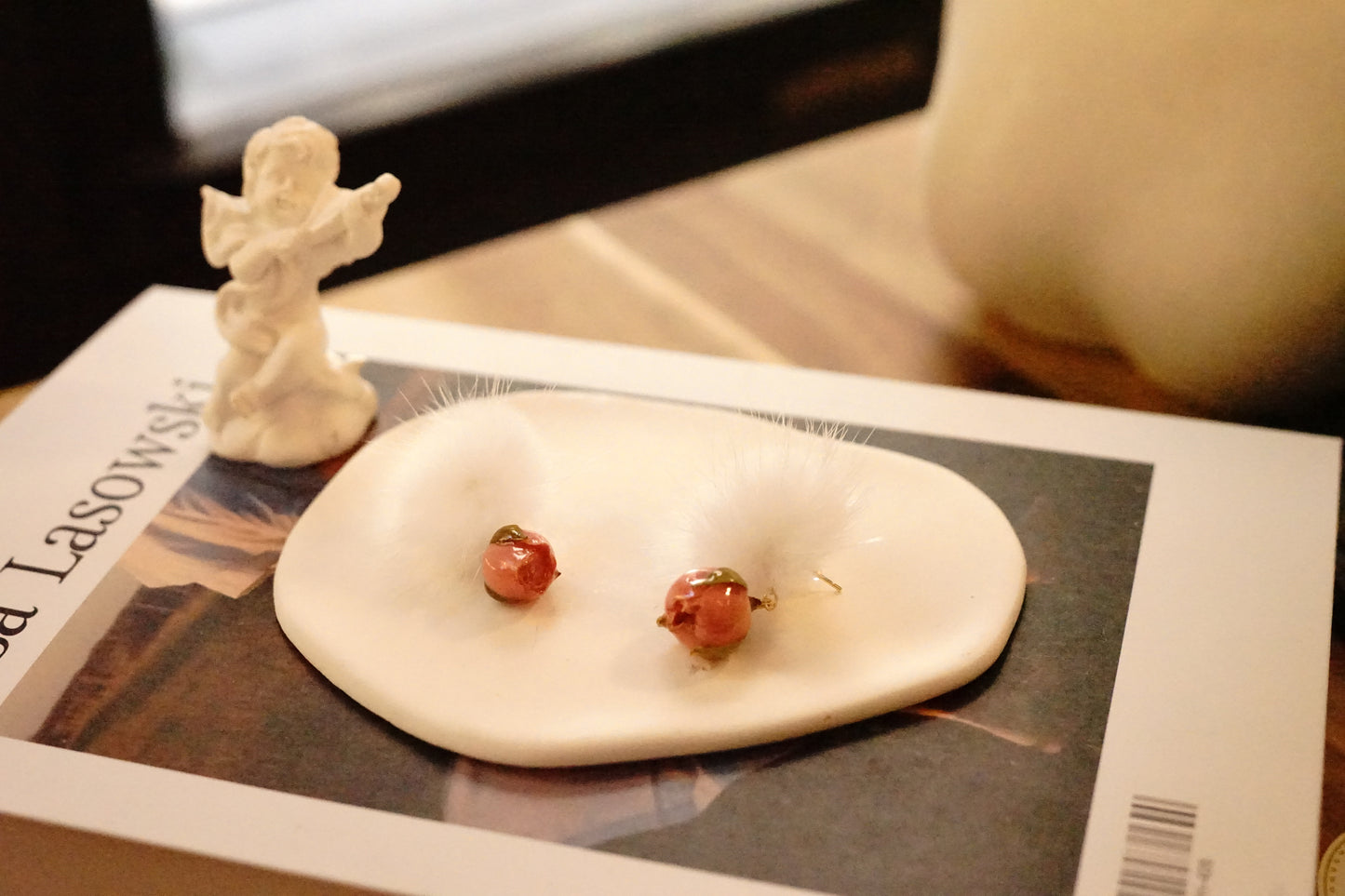 Rose Petal Puffs: Imitation Mink White Hairball Earrings with Dried Rose Accent