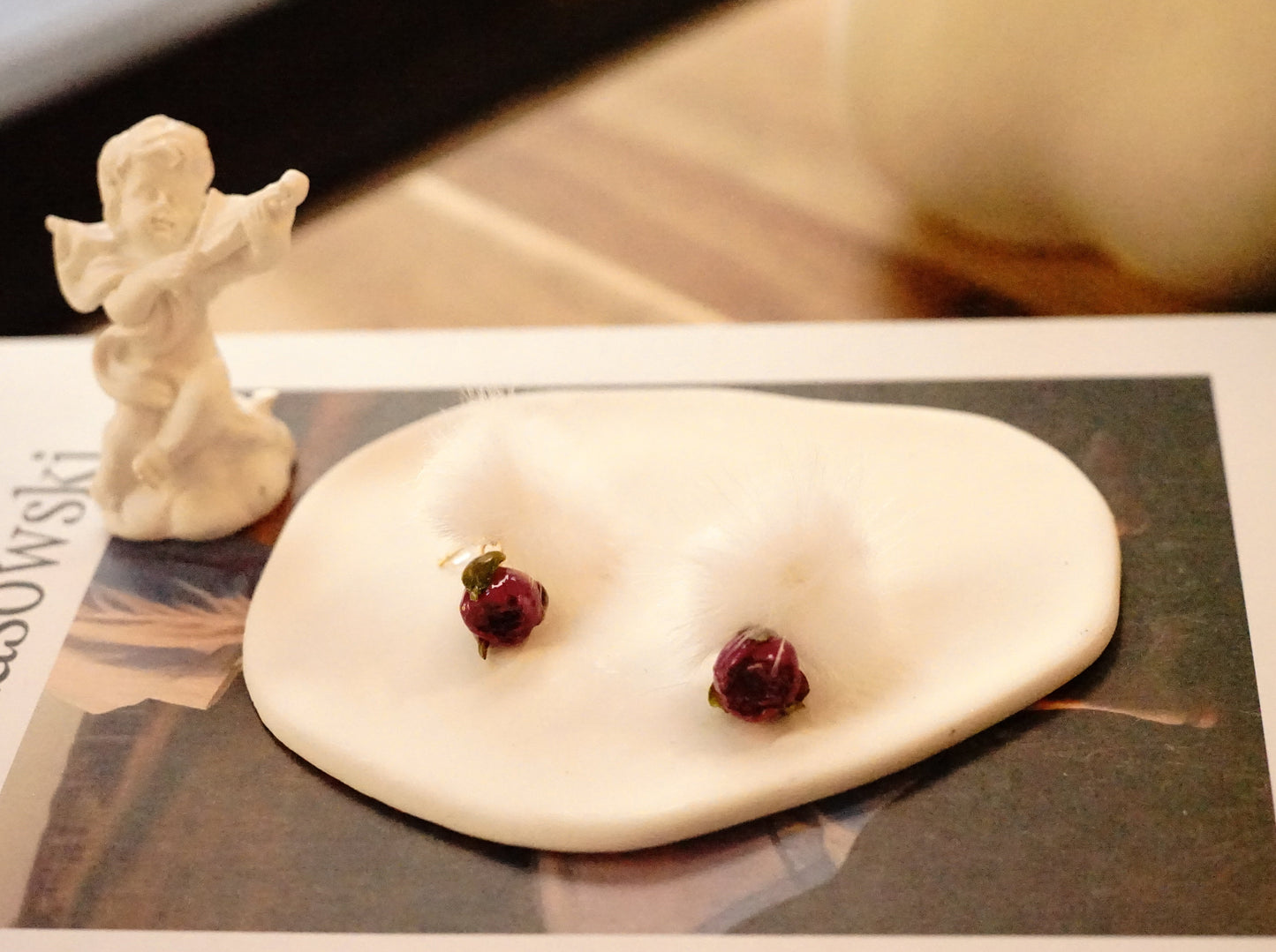 Rose Petal Puffs: Imitation Mink White Hairball Earrings with Dried Rose Accent