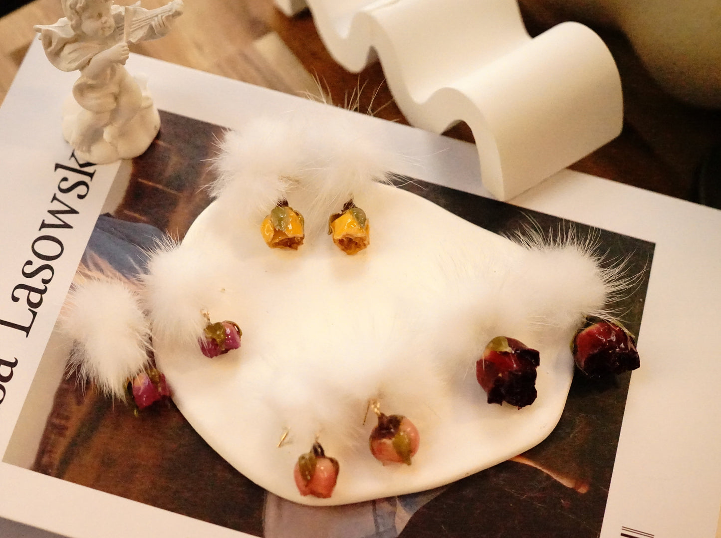 Rose Petal Puffs: Imitation Mink White Hairball Earrings with Dried Rose Accent